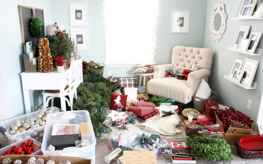 Unorganized office room with christmas decorations cluttered